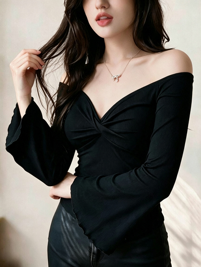 INAWLY 女款純色打結露肩長袖修身上衣