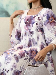 Yasmyna Women's Floral Print Square Neck Bell Sleeve Elegant Arabian Dress - Multicolor - View 3