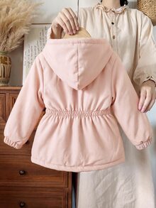 SHEIN Elladie kids 1件少女冬季粉色花卉保暖內裡拉鍊連帽外套，彈性腰部，加厚保暖通勤百搭簡約西式時尚夾克 - 粉色 - 查看 2