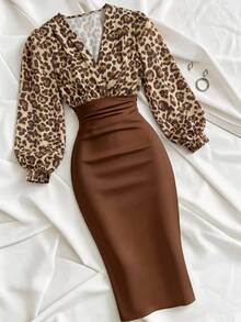 INAWLY Women's Leopard Print Colorblock V-Neck Casual Party Dress - Multicolor - View 1