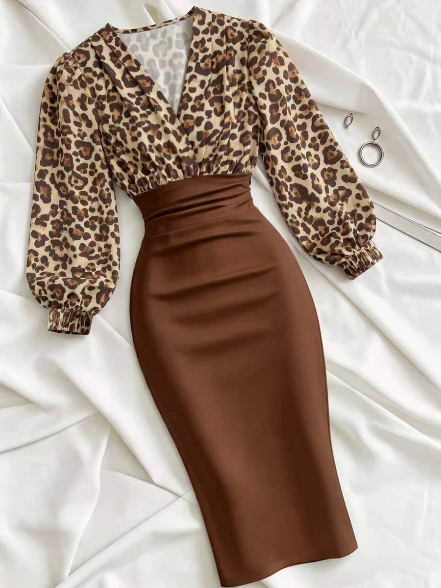 INAWLY Women's Leopard Print Colorblock V-Neck Casual Party Dress - Multicolor - View 1
