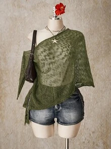 SHEIN ICON 女款大尺碼不對稱下擺流蘇設計寬鬆針織上衣 - 軍綠色 - 查看 3