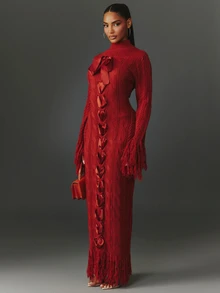 NYA SZN Knit Dress Maxi Lace Up Ribbon Fringe Long Sleeve Cable Mock Neck Going Out Special Occasion Elegant Holiday Festival Church Work Chic Fall Winter - Coral Pink - View 1