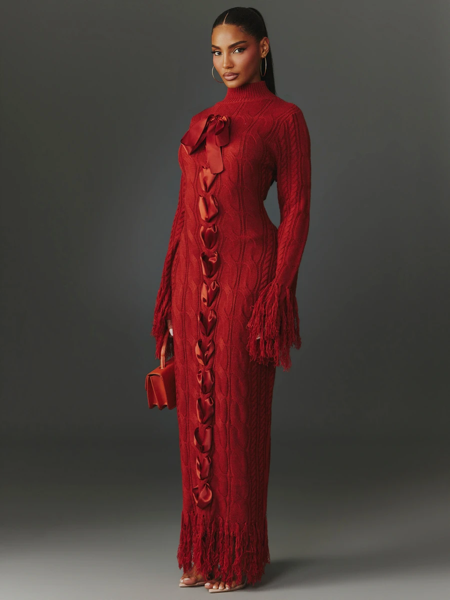 NYA SZN Knit Dress Maxi Lace Up Ribbon Fringe Long Sleeve Cable Mock Neck Going Out Special Occasion Elegant Holiday Festival Church Work Chic Fall Winter - Coral Pink - View 1