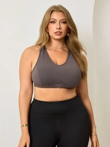 Easithlete Women's Plus Size Solid Color Daily Fitness Sports Bra - Khaki - View 4