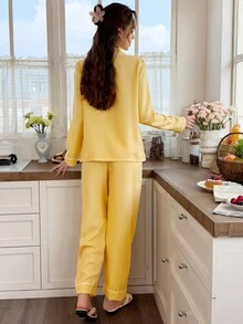 Snug Reverie Solid Color Green Collar Trim Long Sleeve Pants 2 Pieces Set Loungewear Pajamas - Yellow - View 2