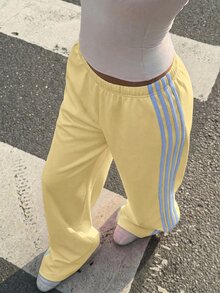 SHEIN 青少年女孩休閒時尚黃色針織寬腿休閒長褲 - 黃色 - 查看 5