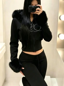 SHEIN 1件青少年女孩Y2K甜酷風運動衫外套，長袖，抓絨，秋季服飾，日常街頭穿搭，校園通勤，派對穿著 - 黑色 - 查看 1