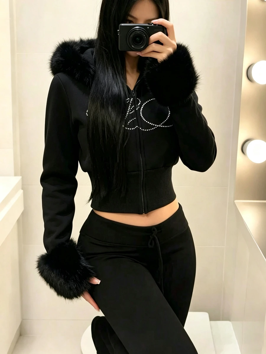 SHEIN 1件青少年女孩Y2K甜酷風運動衫外套,長袖,抓絨,秋季服飾,日常街頭穿搭,校園通勤,派對穿著 - 黑色 - 查看 1