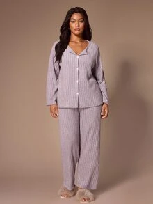 Lazeform Women's Plus Size Knit Ribbed Brushed Fabric Pajama Set, Minimalist Fashion Casual Small Lapel Open Front Long Sleeve Long Pants, Spring Autumn Winter, Can Be Worn Outdoors - Mauve Purple - View 5