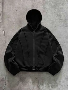 AXEPEAK American Style Black Fur Collar Sweatshirt Men's Niche Design Slim Fit Short Sweatshirt Hooded Jacket - Black - View 2