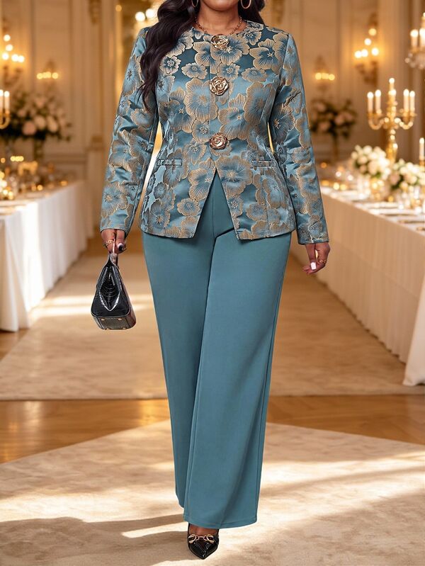 Fleurora Plus Size Women's Jacquard Metallic Floral Single-Breasted Blazer And Trousers Elegant Suit