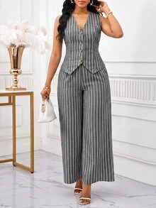 SHEIN Lady 女款條紋單排扣背心與寬腿褲休閒通勤兩件套 - 黑色 - 查看 1