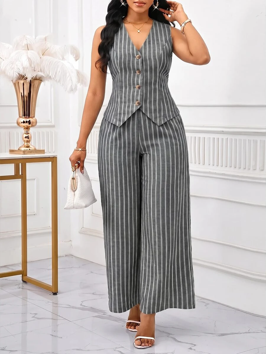 SHEIN Lady 女款條紋單排扣背心與寬腿褲休閒通勤兩件套 - 黑色 - 查看 1