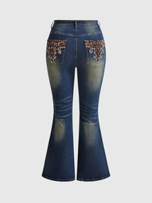 ROMWE Y2K Women's Vintage Leopard Print Applique Rhinestone Flare Jeans Plus Size - Blue - View 1