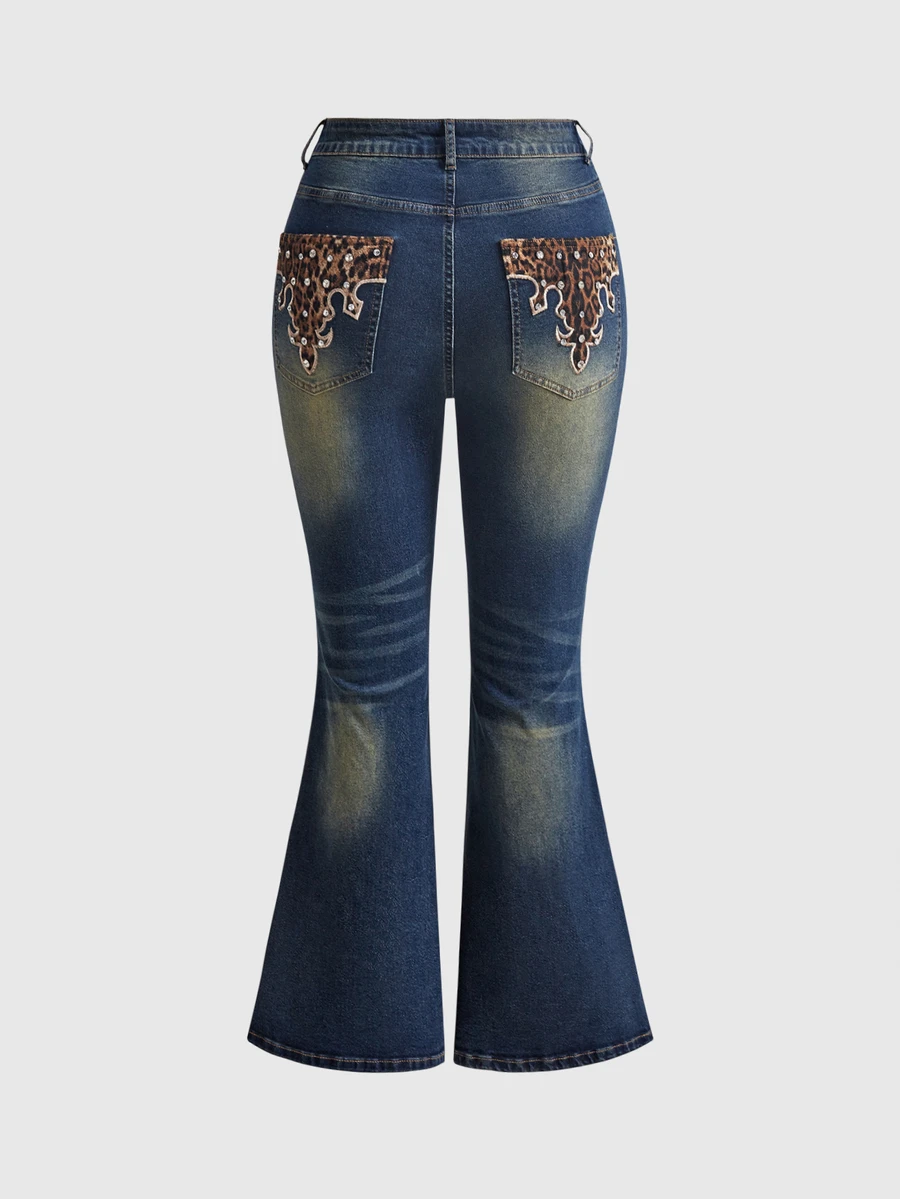 ROMWE Y2K Women's Vintage Leopard Print Applique Rhinestone Flare Jeans Plus Size - Blue - View 1