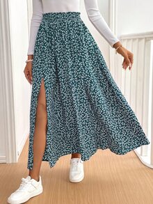 SHEIN Frenchy 女款碎花荷葉邊開衩中長裙 - 綠色 - 查看 5