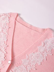 Easura Plus Size Gentle Style Lace Patchwork V-Neck Cardigan Winter - Pink - View 7