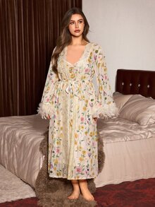 Slumberist Plus Size Women's Floral Robe 2-Piece Set, Feather Cuff Lace Trim Outer Robe + V-Neck Spaghetti Strap Nightgown, Tie Waist Long Loungewear Pajama Set - Apricot - View 7