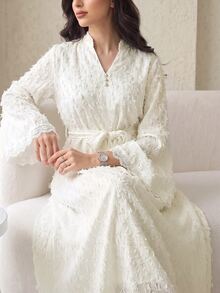 Al Najma Women's Elegant Solid Color Bell Sleeve Arabian Dress - Apricot - View 3