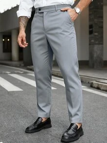 Manfinity Mode 男士大尺碼鈕扣口袋休閒商務西裝長褲 - 霧霾藍 - 查看 4