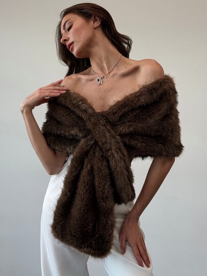 Aloruh Women's Elegant Wild Wild Wife Vintage Cold Shoulder Faux Fur Shawl Jacket In Fall/Winter Wedding Formal Mother Of The Bride Dark Brown
