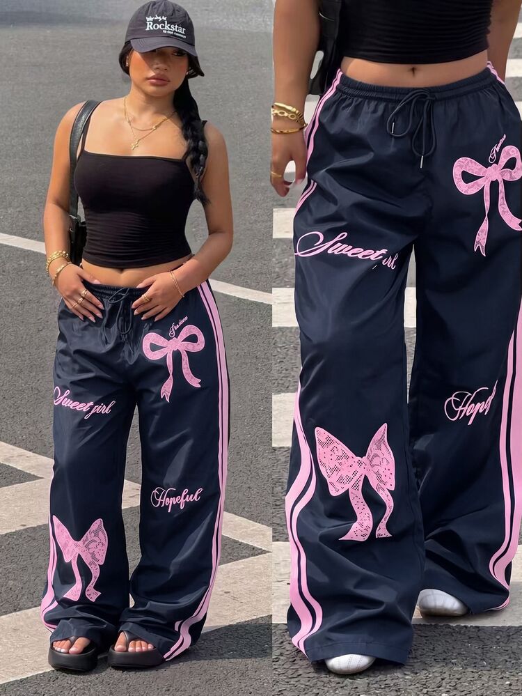 Muchica Plus Size Women's Pink Bow Navy Blue Side Stripe Long Pants - Navy Blue - View 3