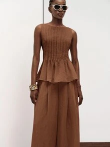 Aveloria Modichic Summer Shades Of Brown Elegant Versatile Fashion Commute Vacation Casual Old Money Slouchy Textured Linen-Like Sleeveless Pleated Round Neck Top Pants - Coffee Brown - View 4