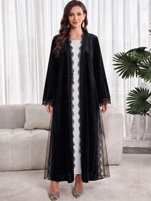 Yasmyna غطاء نسائي أنيق بحواف دانتيل وتصميم شبكي مرقع - الأسود - مشاهدة 6