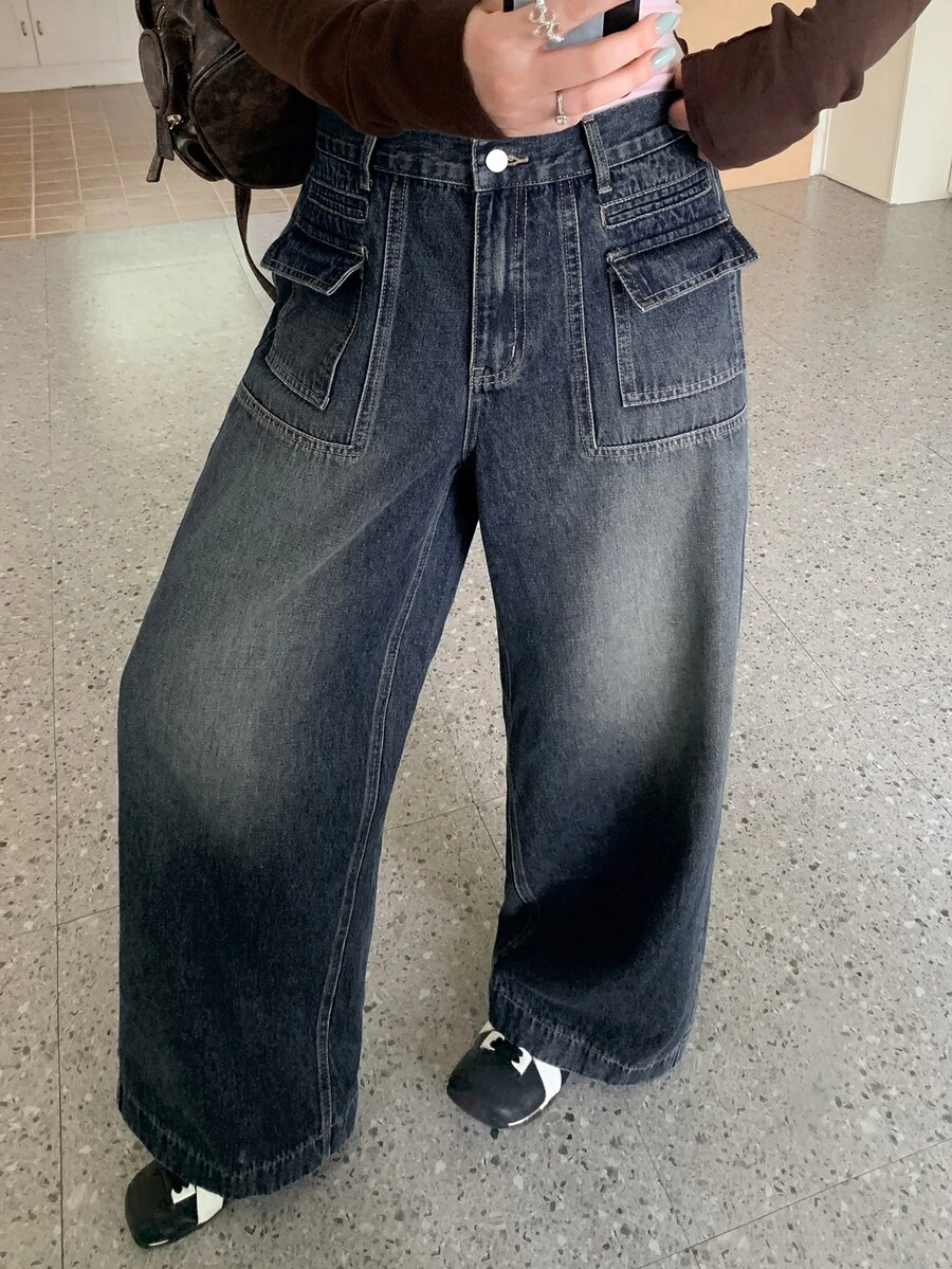 Dazy Plus Vintage Washed Denim Straight Leg Long Jeans, Versatile Casual Streetwear For Girls, Spring/Autumn New Style - Dark Wash - View 1