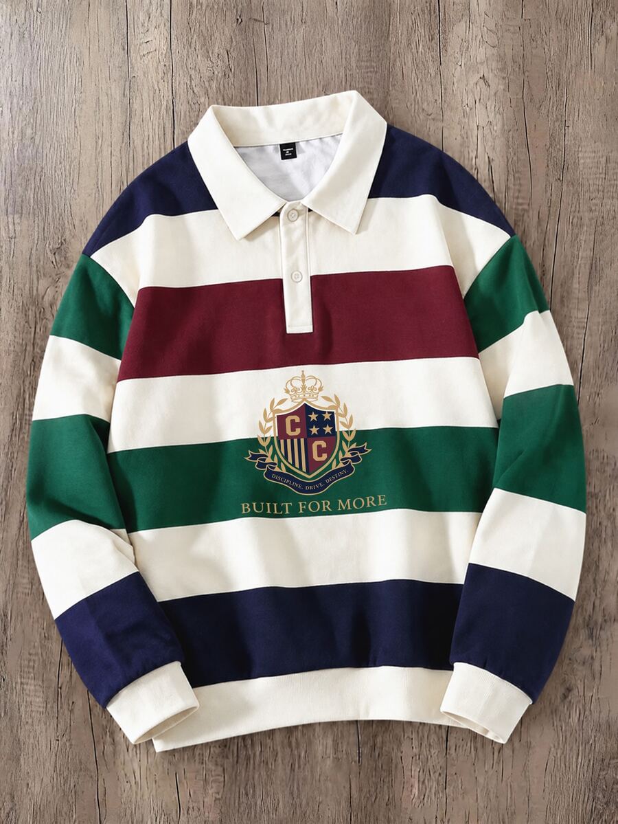 Manfinity Joysei Men's Casual Collegiate Striped Button Collar Pullover Sweatshirt - Multicolor - View 1