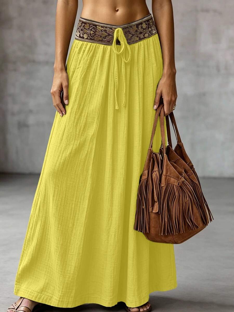 SHEIN Holidaya Damen-Rock mit Wellen-Falten, besticktem Blumenmuster und Band, geeignet für Frühling und Sommer, lässiger Alltag, eleganter Alltag, frischer Stil, Bürooutfit, vielseitiger Freizeitrock, lässige Urlaubs- und Strandkleidung, Country-Musik-Konzert-Outfit, Damen-Sommerurlaubs-Outfit, grüner Rock, Juni-Festival-Party-Rock - Gelb - Übersicht 1