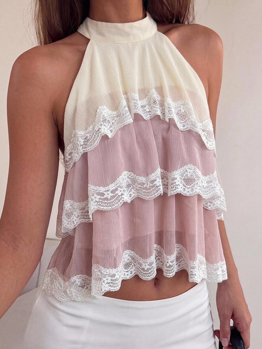 Firerie Women's Colorblock Contrast Lace Multi-Layer Ruffle Halter Neck Blouse - Pink - View 1