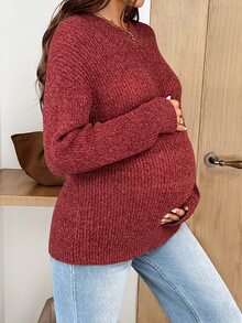 SHEIN Sweater Hamil Lengan Panjang Warna Polos Kasual Serbaguna untuk Pemakaian Sehari-hari di Musim Dingin - Merah - View 3
