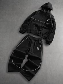 SHEIN 兒童青少年男孩休閒運動黑色夾克連帽衛衣工裝褲套裝，適合秋冬、學校、家庭聚會、度假派對，男孩套裝 - 黑色 - 查看 3