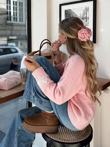Easura Plus Size Gentle Style Lace Patchwork V-Neck Cardigan Winter - Pink - View 2