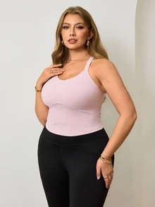 Easithlete Women's Plus Size Solid Color Casual Kawaii Versatile Daily Wear Sports Halter Neck T-Shirt Gym Light Pink Summer - Pink - View 4