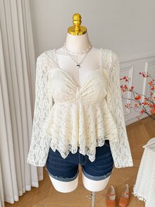 Comfortcana 大尺碼女款休閒彈性蕾絲長袖上衣 秋季 - 杏色 - 查看 1