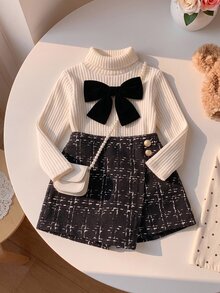 LMoss Kids 女嬰秋冬可愛針織杏色長袖蝴蝶結上衣與鬆緊腰格紋短褲 2 件套 - 彩色 - 查看 1