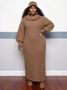 Slaydiva Plus Size Women's Knit Dress, Coffee Cowl Neck Drawstring Thick Rib Plus Size Maxi Sweater Dress - Coffee Brown - View 4