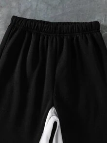 Casuvi Kids 2件組青少年男孩秋冬保暖內裡加厚時尚黑色印花連帽衛衣與黑色長褲套裝，柔軟舒適易穿著，適合戶外、運動、學校及各種場合，青少年男孩時尚連帽衛衣與運動長褲套裝 - 彩色 - 查看 6