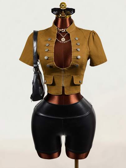 SHEIN Jaqueta Denim Sexy Feminina com Manga Curta, Design de Botões e Zíper Frontal