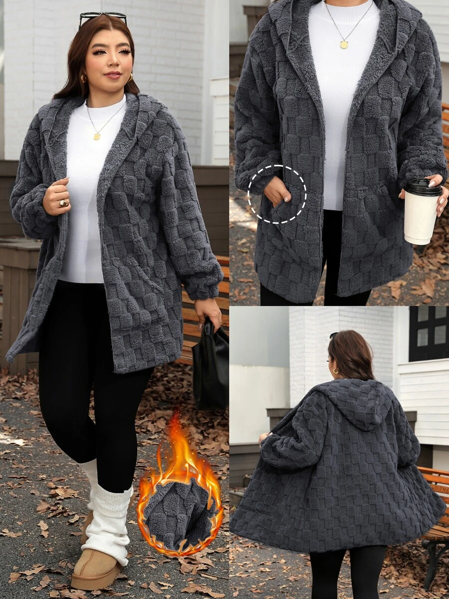 Comfylo Plus Size Comfortable Winter Double-Sided Fleece Hooded Jacket With Pockets - Dark Grey - View 1
