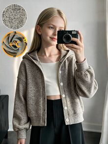 SHEIN 青少年女孩冬季套裝，休閒街頭寬鬆鈕扣連帽外套，適合學校、戶外與日常穿著，秋冬款 - 灰色 - 查看 3
