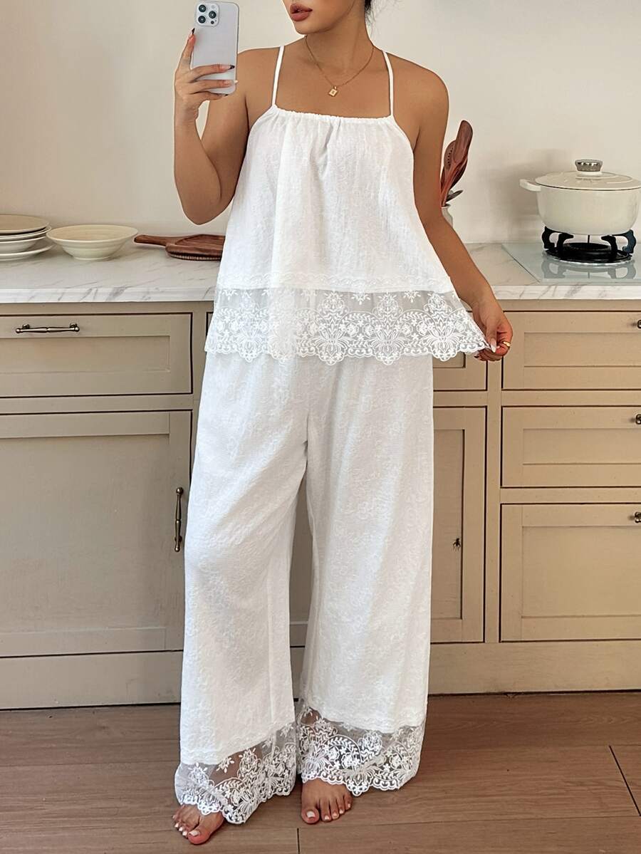 Dazy Plus Romantic Vacation Floral Textured Fabric Lace Patchwork Sleeveless Top & Long Pants Pajama Set - White - View 1