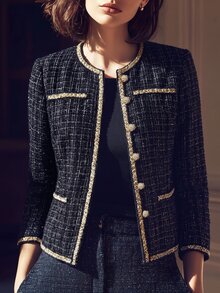 LUMIGAL Women's Autumn/Winter Long Sleeve Colorblock Patchwork Lace Trim Tweed Fashion Elegant Jacket - Black - View 3