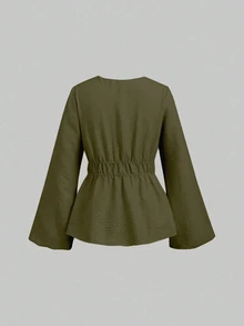 Sweetra Women's Solid Color Long Sleeve Waist Tie Casual Top - Dark Green - View 2
