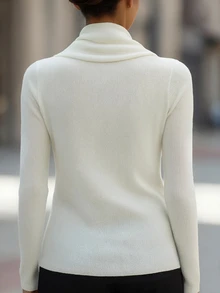 SHEIN ملابس علوية نسائية محبوكة بياقة وشاح مثلثية مجعدة، أكمام طويلة، قصة ضيقة، لون موحد، خط عنق غير متماثل، طبقة أساسية أنيقة من الصوف المحبوك - بيج - مشاهدة 3