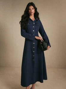 Poéselle Women's Collared Button Front Denim Midi Dress With Flap Chest Pockets, Fitted A-Line, Elegant - Dark Wash - View 8