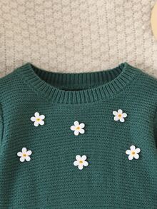 Baby Girls Fashion Cute Crew Neck Knit Dress With Small Floral Prints - Dark Green - View 7